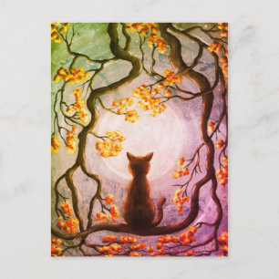 Whimsical Cat in Tree Vollmond Malerei Kunst Postkarte