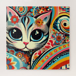 Whimsical Cat Mexican Folk Art Talavera Style Puzzle