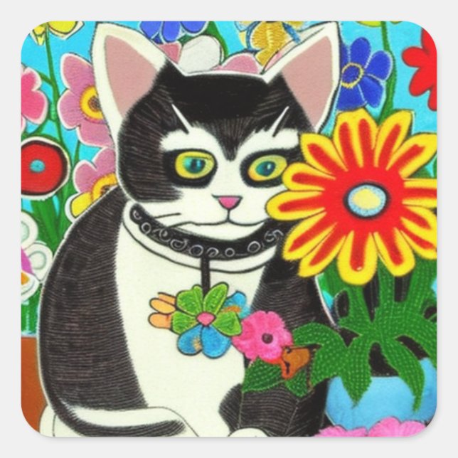 Whimsical Cat mit Blume Folk Art Quadratischer Aufkleber (Vorderseite)