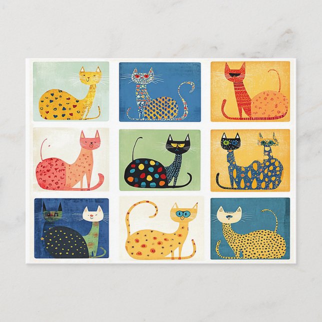 Whimsical Cat Parade Postkarte (Vorderseite)