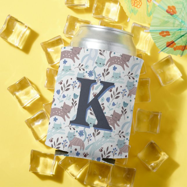 Whimsical Cat Pattern, Blaugraues Monogramm Dosenkühler (In Situ Sommer)