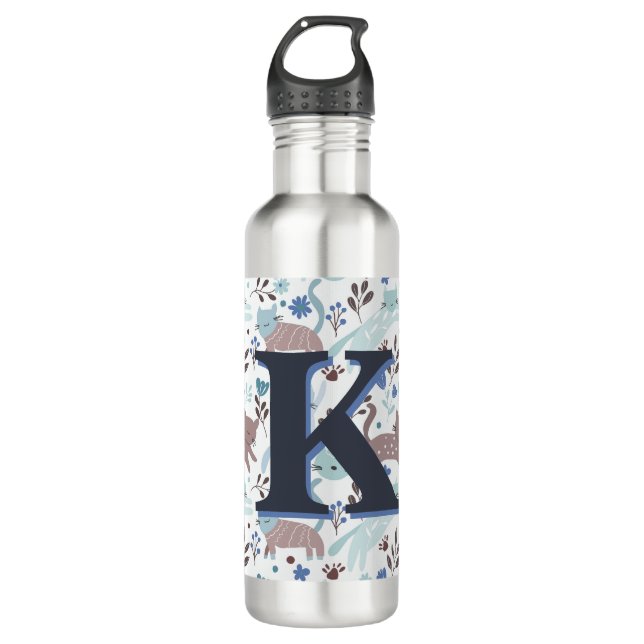 Whimsical Cat Pattern, Blaugraues Monogramm Edelstahlflasche (Vorderseite)