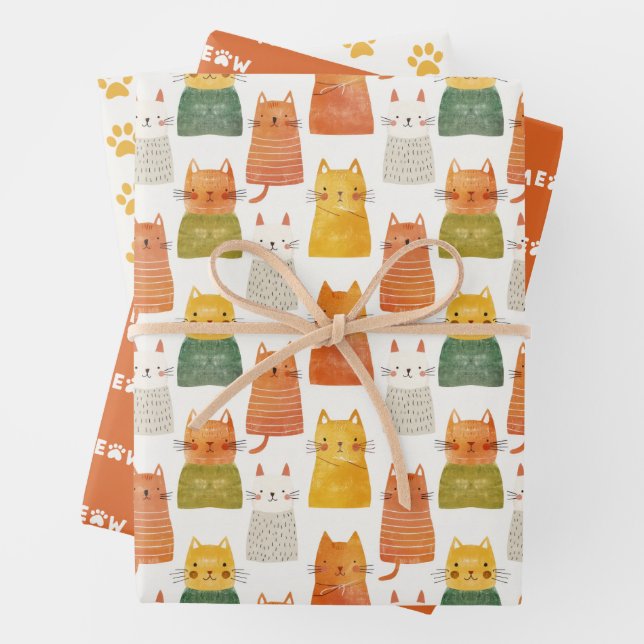 Whimsical Cat Pattern Feline als farbig Geschenkpapier Set (Beispiel)