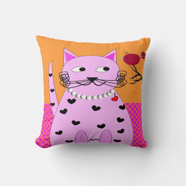 Whimsical Cat PIllow Fat Cat and Bird Kissen (Vorderseite)