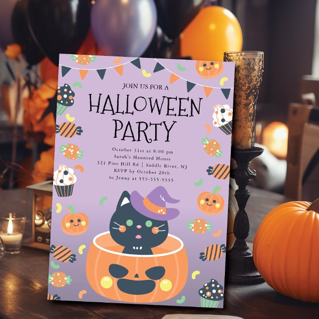 Whimsical Cat & Pumpkin Halloween Einladung (Von Creator hochgeladen)