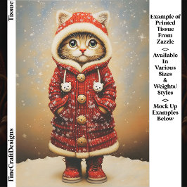 Whimsical Cat, Red Coat, Snow EJ5 Decoupage Seidenpapier