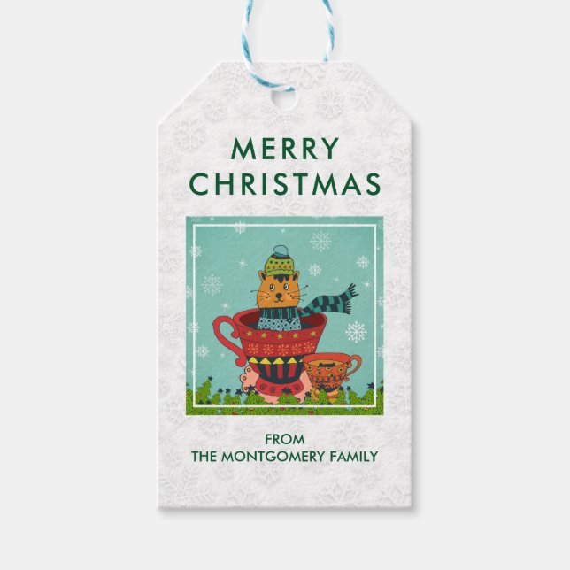 Whimsical Cat Sitzen in einem Teacup frohe Weihnac Geschenkanhänger (Vorderseite)