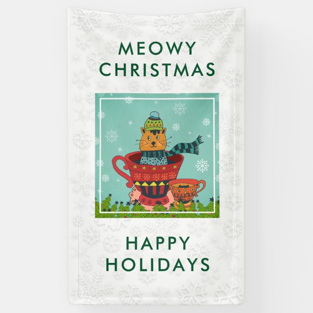 Whimsical Cat Sitzen in einem Teacup Weihnachten Banner (Vertikal)