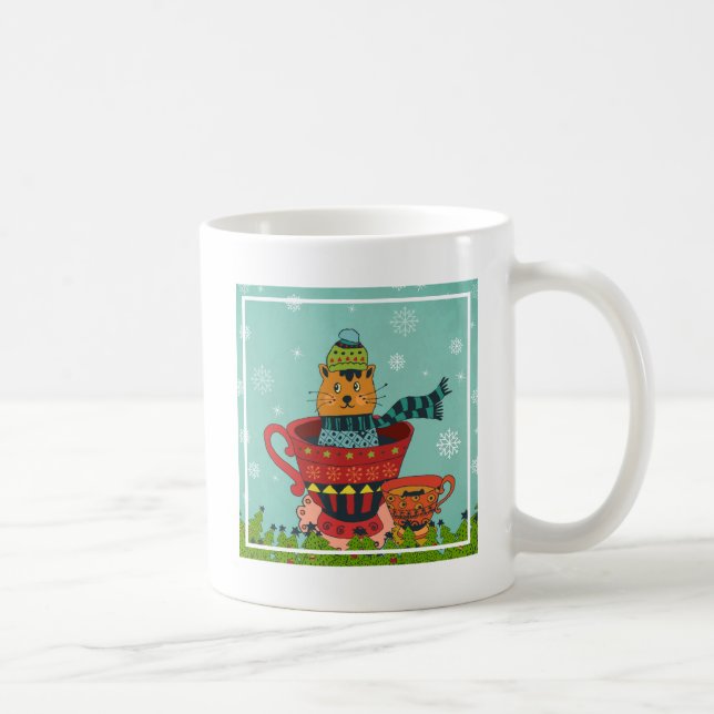 Whimsical Cat Sitzen in einem Teacup Weihnachten Kaffeetasse (Rechts)