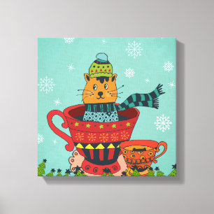 Whimsical Cat Sitzen in einem Teacup Weihnachten Leinwanddruck