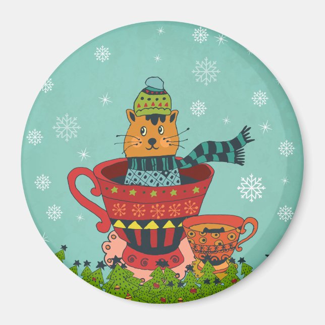 Whimsical Cat Sitzen in einem Teacup Weihnachten Magnet (Vorne)