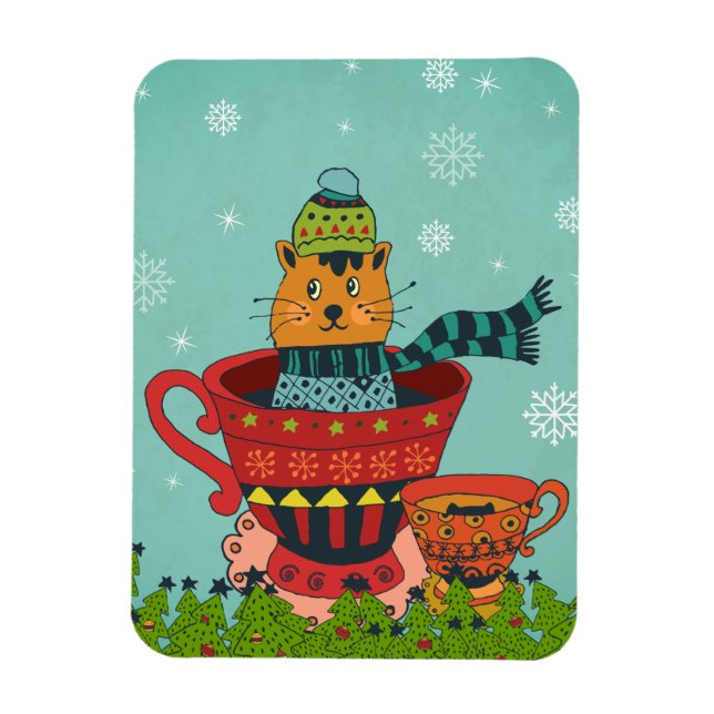 Whimsical Cat Sitzen in einem Teacup Weihnachten Magnet (Vertikal)