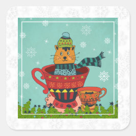 Whimsical Cat Sitzen in einem Teacup Weihnachten Quadratischer Aufkleber