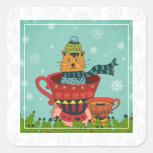 Whimsical Cat Sitzen in einem Teacup Weihnachten Quadratischer Aufkleber