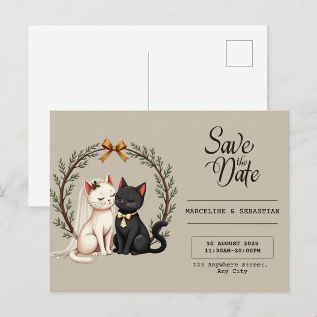 Whimsical Cat Wedding Save the Date Postkarte (Vorne/Hinten)