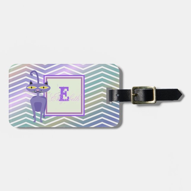 Whimsical Cat Zickzack Zigzag, Monogramm Personali Gepäckanhänger (Vorderseite horizontal)