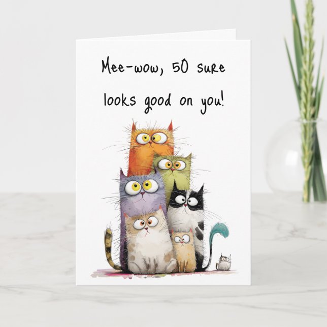 Whimsical Cats Big Eyes 50th Birthday Greeting Karte (Vorderseite)