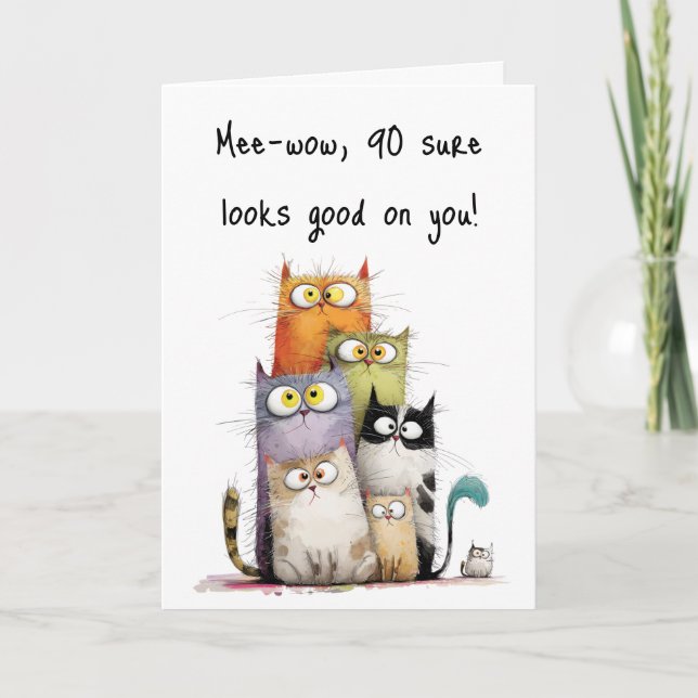 Whimsical Cats Big Eyes 90th Birthday Greeting Karte (Vorderseite)