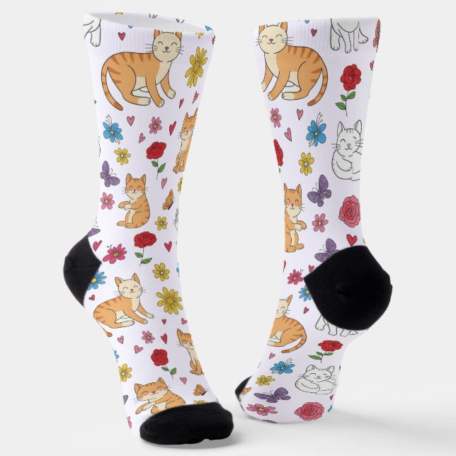 Whimsical Cats Herzen und Blumen Farbige  Socken (Gewinkelt)