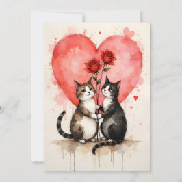 Whimsical Cats Valentine Hearts and Red Roses Karte