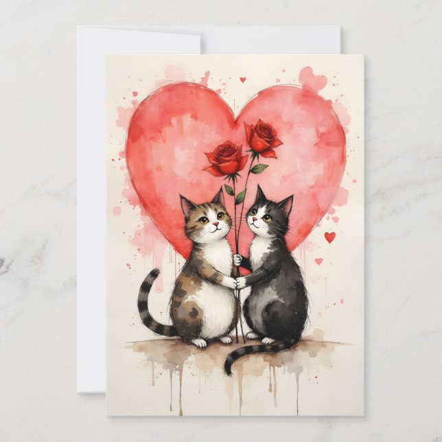 Whimsical Cats Valentine Hearts and Red Roses Karte (Vorderseite)