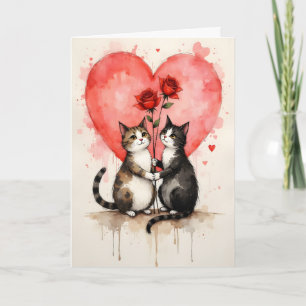 Whimsical Cats Valentinsherzen und rote Rosen Karte