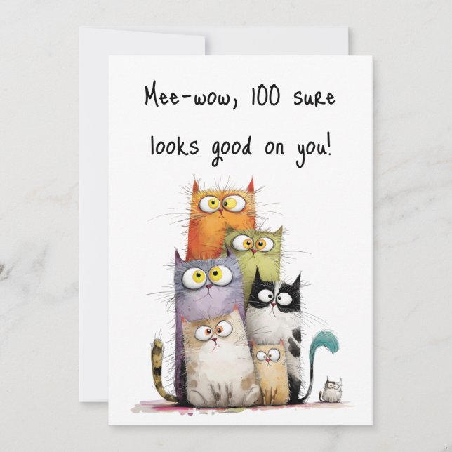 Whimsical Cats with Big Eyes 100th Birthday Flat Karte (Vorderseite)