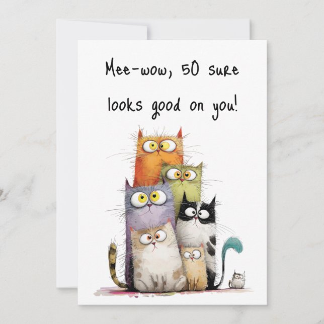 Whimsical Cats with Big Eyes 50th Birthday Flat Karte (Vorderseite)