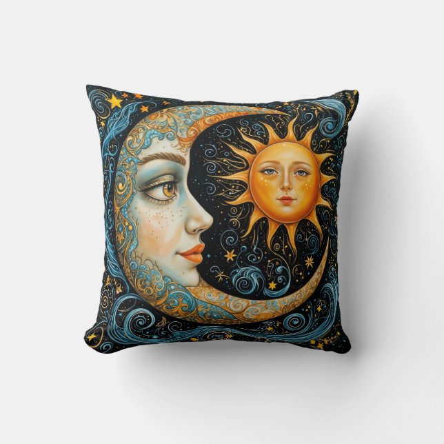 Whimsical Celestial Dream: Mond und Sonne. Kissen (Vorderseite)