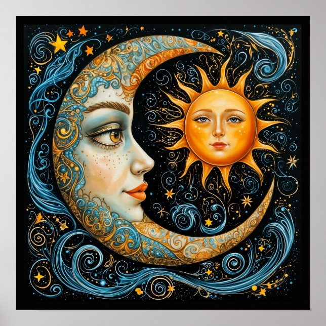 Whimsical Celestial Dream: Mond und Sonne. Kunst Poster (Vorne)