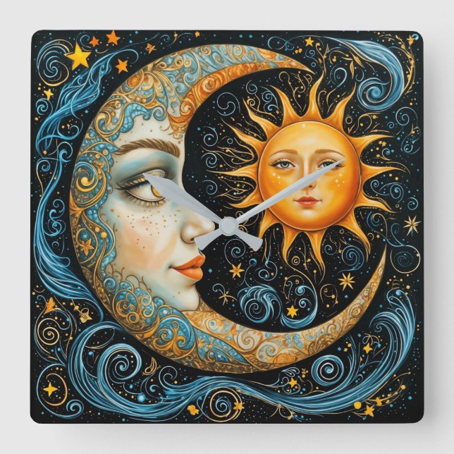 Whimsical Celestial Dream: Mond und Sonne. Quadratische Wanduhr (Vorderseite)