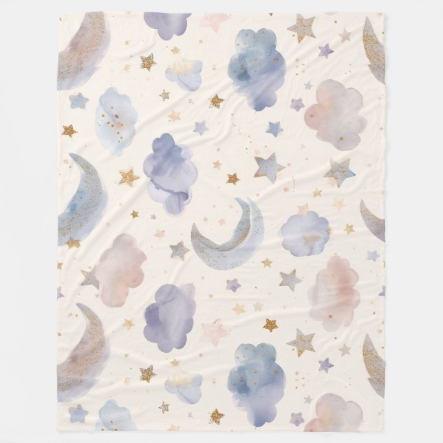 Whimsical Celestial Moon Stars Watercolor Pastels Fleecedecke (Vorderseite)