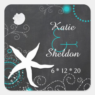 Whimsical Chalkboard Beach Hochzeit Quadratischer Aufkleber