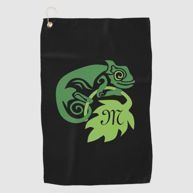 Whimsical Chameleon Klettern auf Hopfen Monogram Golfhandtuch (Vorderseite)