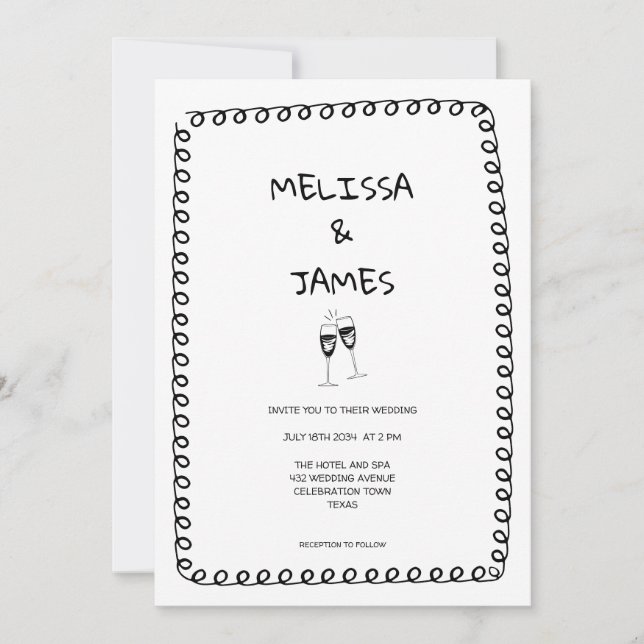 Whimsical Champagne Doodle Hand Drawn Wedding Einladung (Vorderseite)