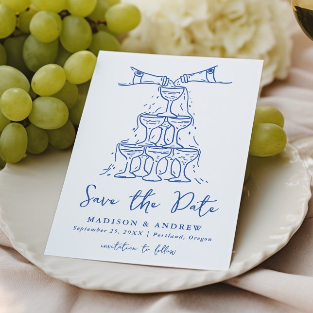 Whimsical Champagne Tower Blue Wedding Save The Date (Von Creator hochgeladen)