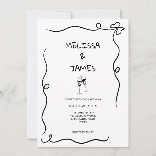 Whimsical Champagner Hand Drawn Wedding Einladung (Vorderseite)