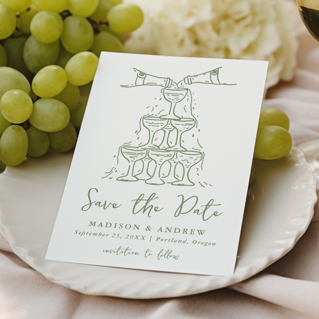 Whimsical Champagner Tower Green Wedding Save The Date (Von Creator hochgeladen)
