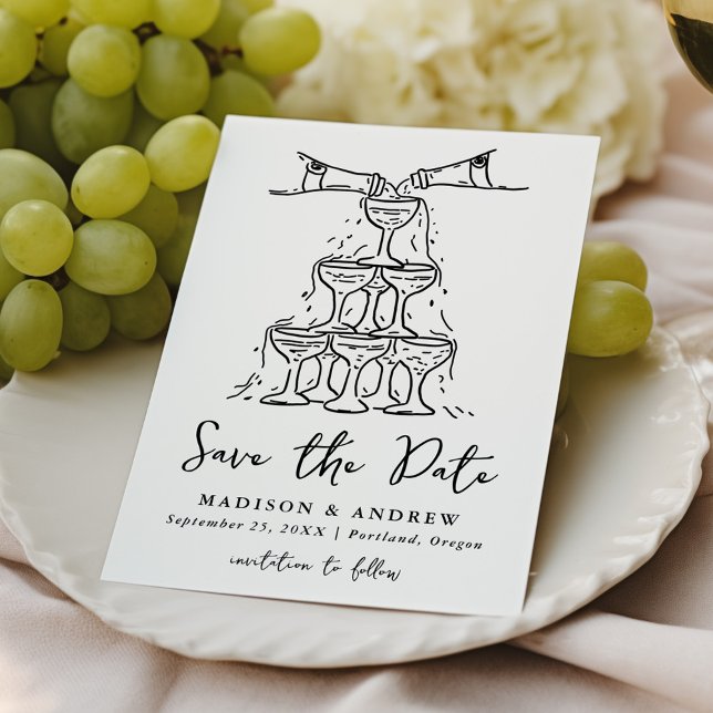 Whimsical Champagner Tower Handgeschriebene Hochze Save The Date (Von Creator hochgeladen)