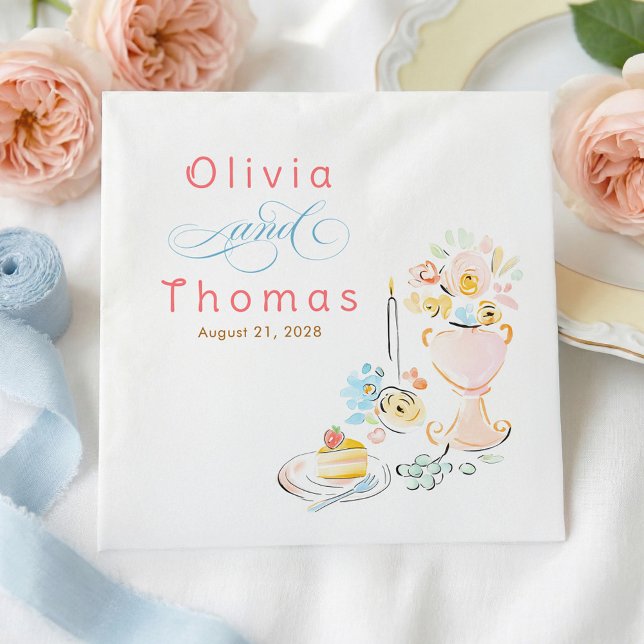 Whimsical Chic Elegant Hand Drawn Wedding Serviette (Whimsical Pastel Wedding Napkins)