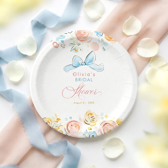 Whimsical Chic Elegante Handgezeichnete Bridal Sho Pappteller (Floral Whimsical Bow Paper Plates for Shower)
