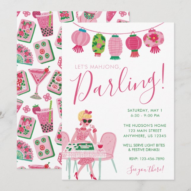Whimsical Chic Rosa & Grün Mahjong-Party Einladung (Vorne/Hinten)