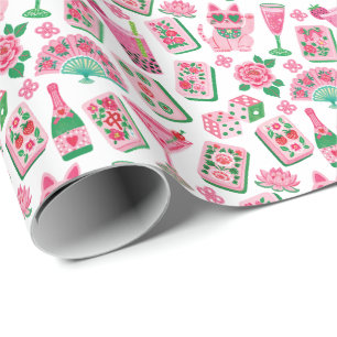 Whimsical Chic Rosa & Grün Mahjong-Party Geschenkpapier