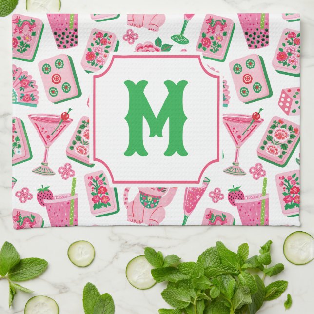 Whimsical Chic Rosa & Grün Mahjong Party Monogramm Geschirrtuch (Gefaltet)