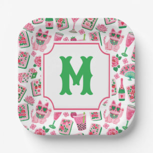Whimsical Chic Rosa & Grün Mahjong Party Monogramm Pappteller