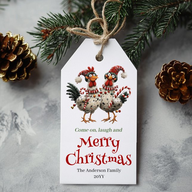 Whimsical Chickens Christmas Tag Cartoon Style Geschenkanhänger (Whimsical Chickens Christmas Tag Cartoon Style)