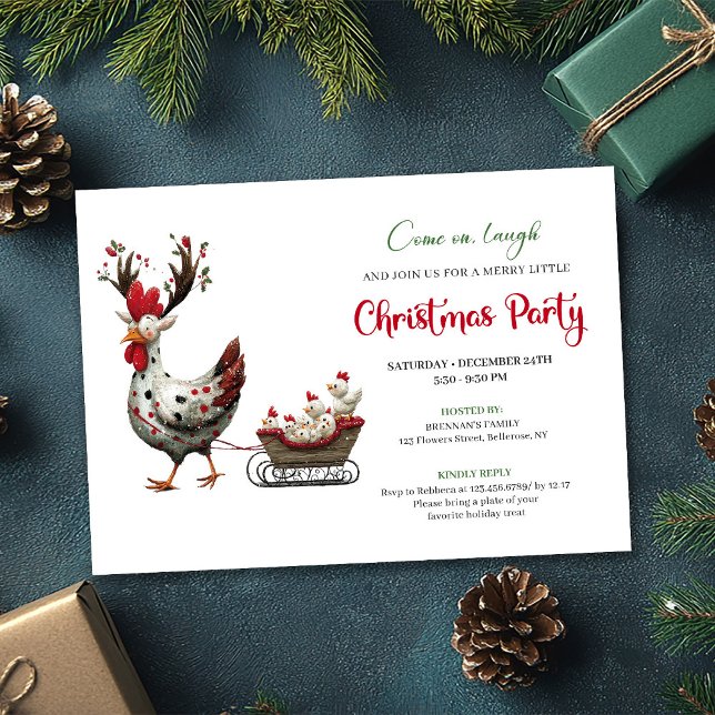 Whimsical Chickens Minimalist Christmas Party Card Einladung (Whimsical Chickens Minimalist Christmas Party Card)