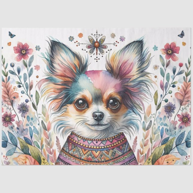 Whimsical Chihuahua in Boho Floral Watercolor Seidenpapier (Vorderseite)