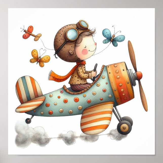 Whimsical Children's Art Child Flying Old Airplane Poster (Vorne)