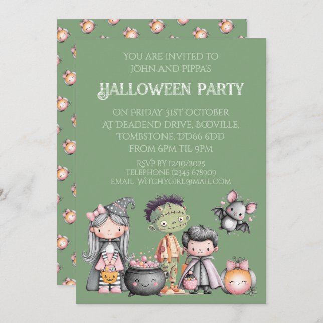 Whimsical Childrens Halloween-Party Einladung (Vorne/Hinten)